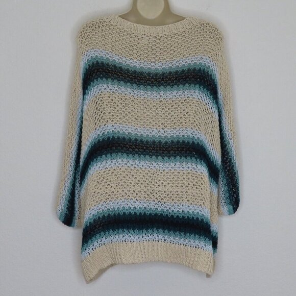 J Jill Women Petite Large PL Loose Knit Sweater Tan Blue Stripe Striped Pullover - Picture 4 of 10